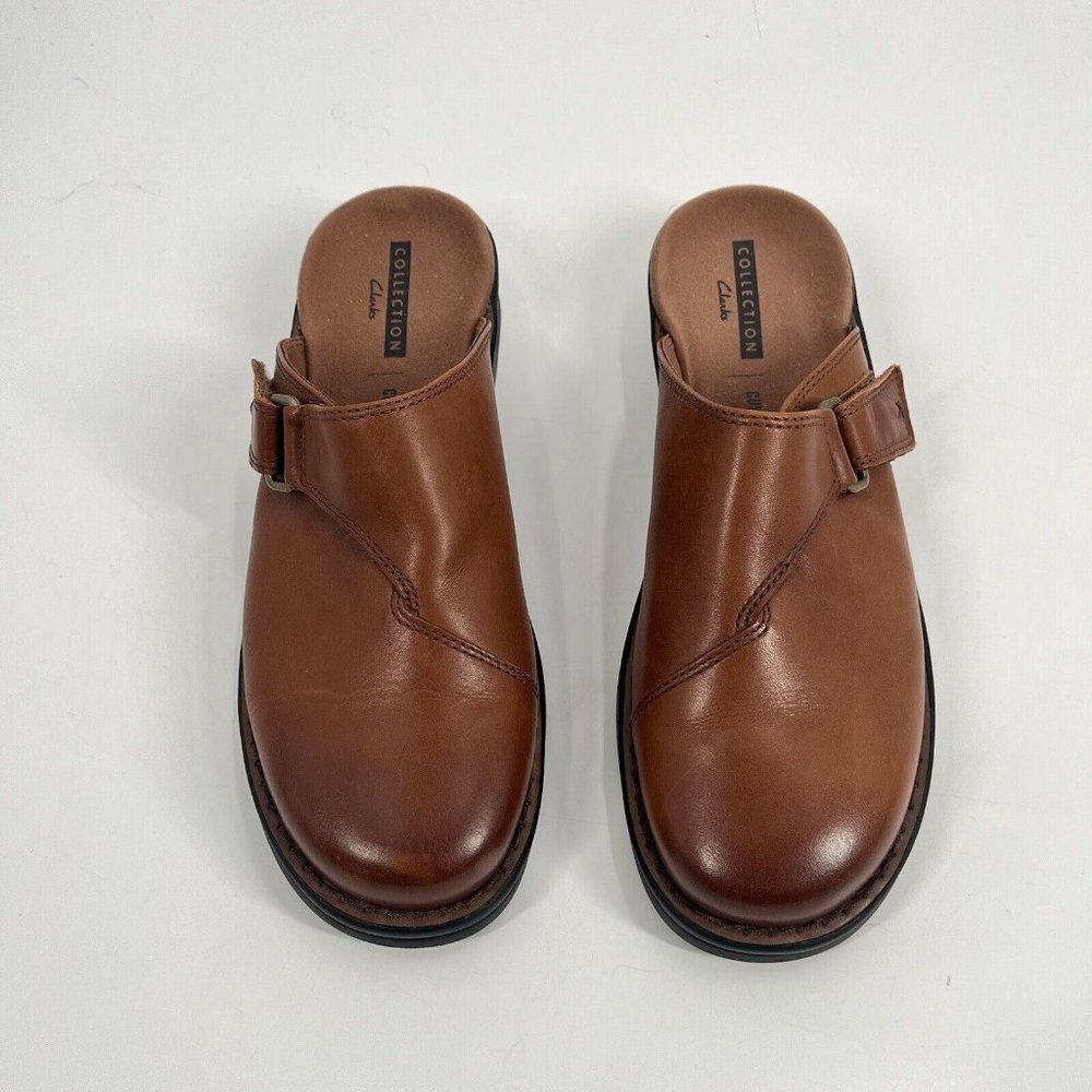 Clarks Brown Leather Slip On Clogs Mules Sz 9.5 - Picture 2 of 7